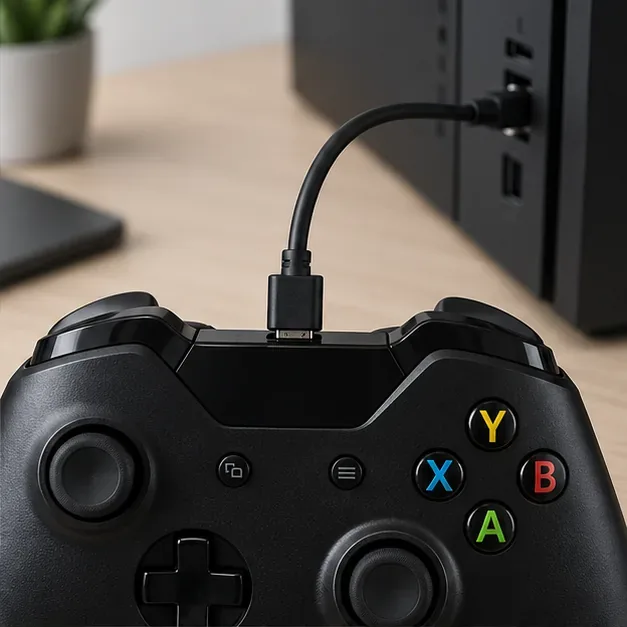 A micro-USB cable connected to the top port of an older Xbox One-style controller.