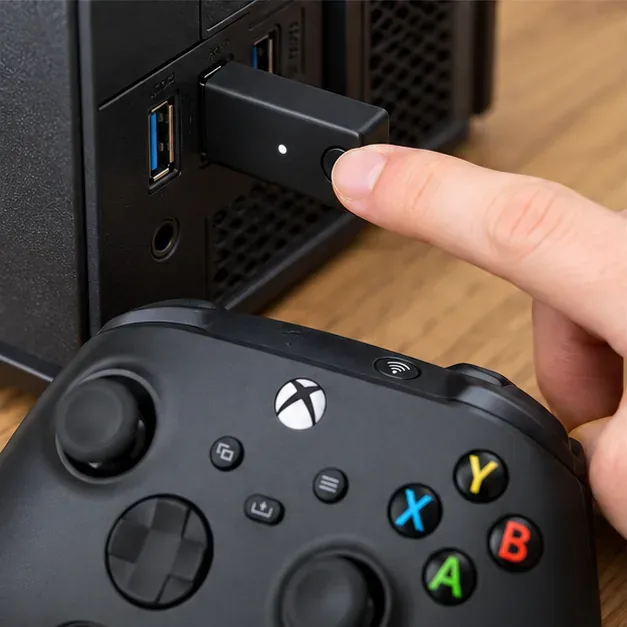 A finger pressing the pairing button on a wireless USB adapter while an Xbox-style controller sits nearby.