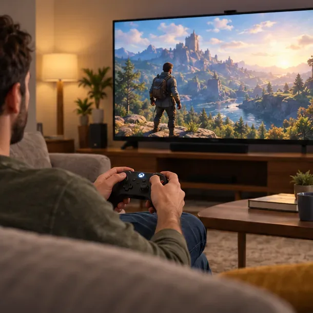 Player seated on a living-room sofa using a controller while a television displays a generic streamed adventure game