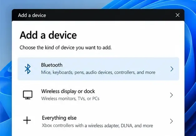 The Windows 11 Add a device dialog showing Bluetooth and other connection categories.
