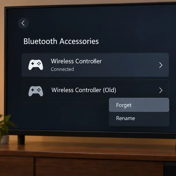 Smart TV Bluetooth accessories list with a connected wireless controller and a Forget option for a stale controller entry