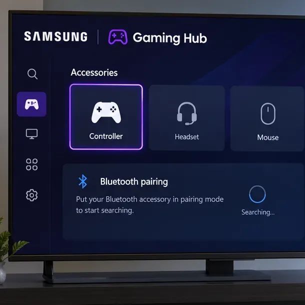 Samsung Gaming Hub-style screen with the controller accessory tile selected and Bluetooth pairing status visible