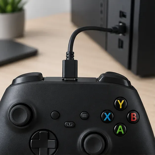 A USB-C cable plugged into the top port of a modern Xbox-style controller and connected to a desktop PC.