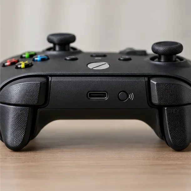 Close-up of a wireless game controller showing its USB-C port and small Pair button on the top edge