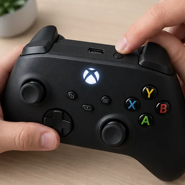 A hand pressing the small pairing button beside the USB port on the top edge of an Xbox-style controller.