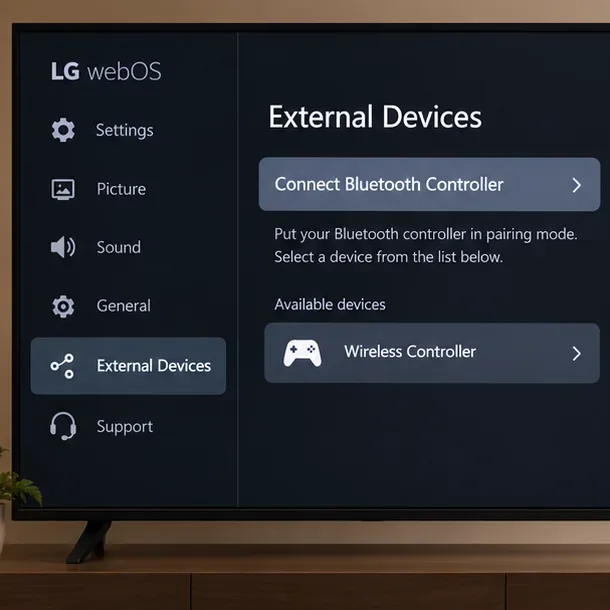 LG webOS-style External Devices menu highlighting Connect Bluetooth Controller and a wireless controller entry