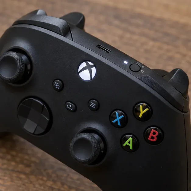ภาพระยะใกล้ของจอยควบคุมแบบ Xbox โดยจะเห็นปุ่ม Pair ที่ขอบด้านบน และปุ่ม Xbox ที่สว่างขึ้น