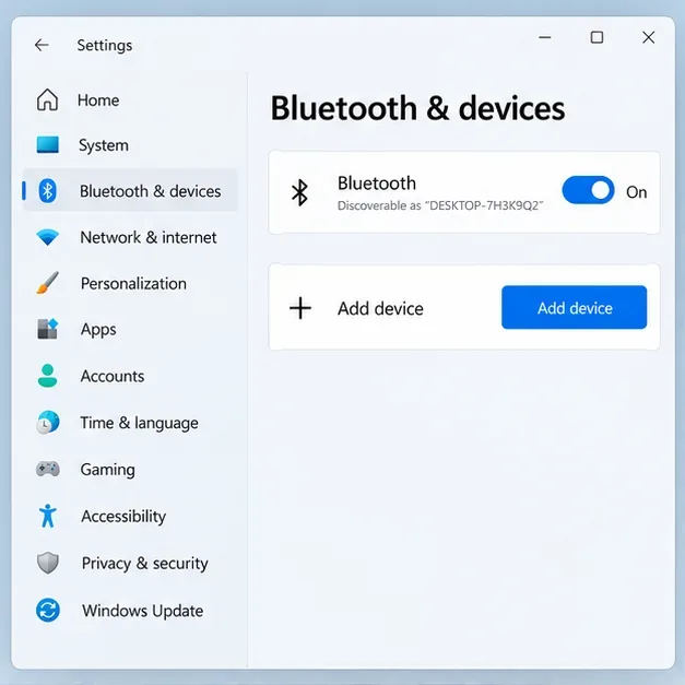 A Windows 11-style Bluetooth and devices settings page with Bluetooth switched on and an Add device control.