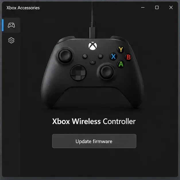 The Xbox Accessories app window showing a connected Xbox-style controller and an Update firmware button.