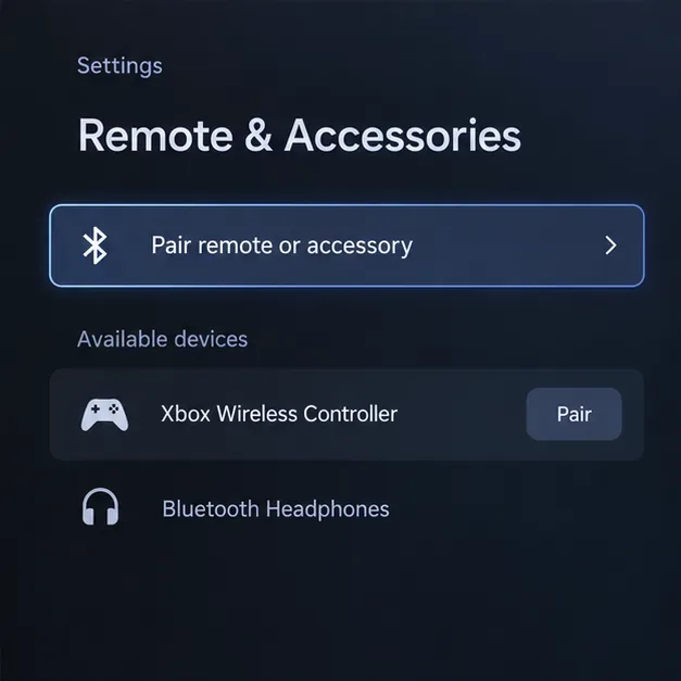 ภาพหน้าจอแสดงตัวอย่างรีโมทและอุปกรณ์เสริมของ Google TV โดยแสดงคอนโทรลเลอร์ไร้สาย Xbox และการจับคู่