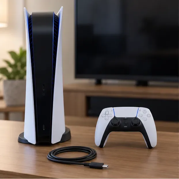 A PS5 console, DualSense controller, and USB-C cable arranged on a living-room table