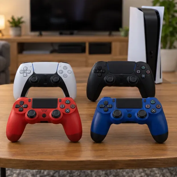 Four PlayStation controllers arranged together in front of a PS5 setup