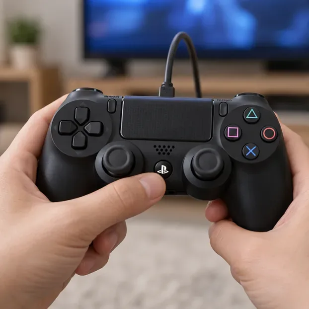 A hand pressing the PS button on a wired DUALSHOCK 4 controller