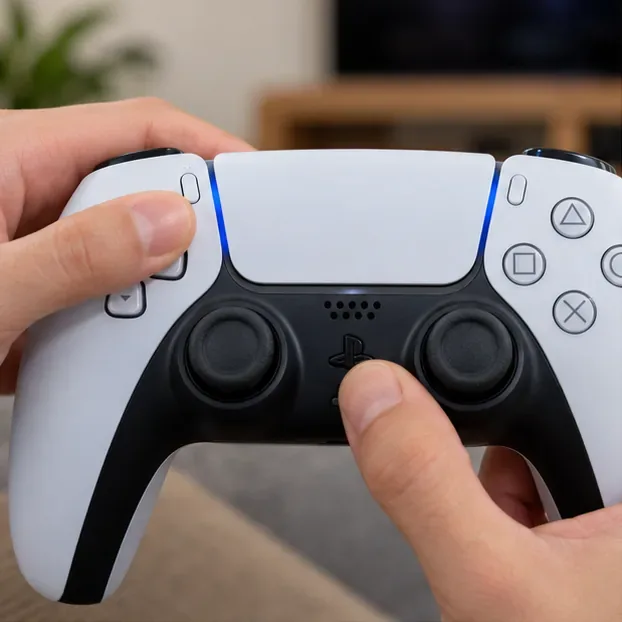 Hands pressing the Create and PS buttons on a DualSense controller