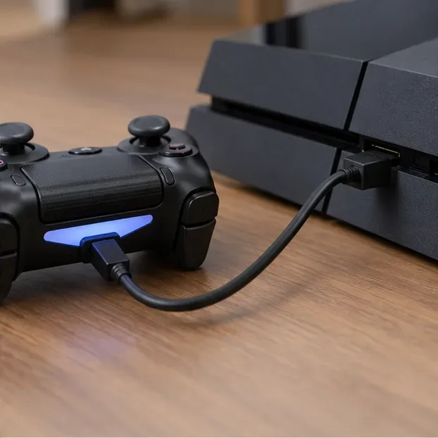 A USB cable plugged into a DUALSHOCK 4 controller and the front of a PS4