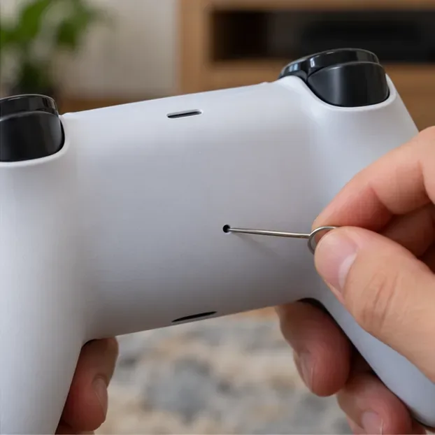 A small tool pressing the reset hole on the back of a DualSense controller