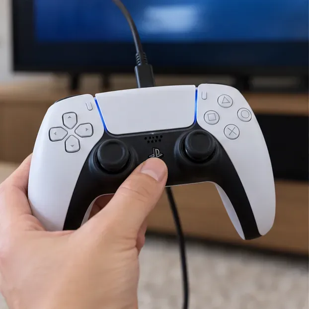 A hand pressing the PS button on a wired DualSense controller