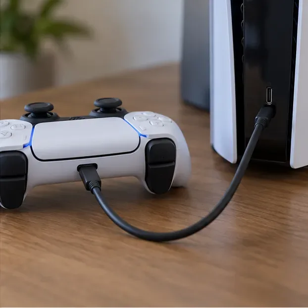 A USB-C cable connecting a DualSense controller to a PS5 console