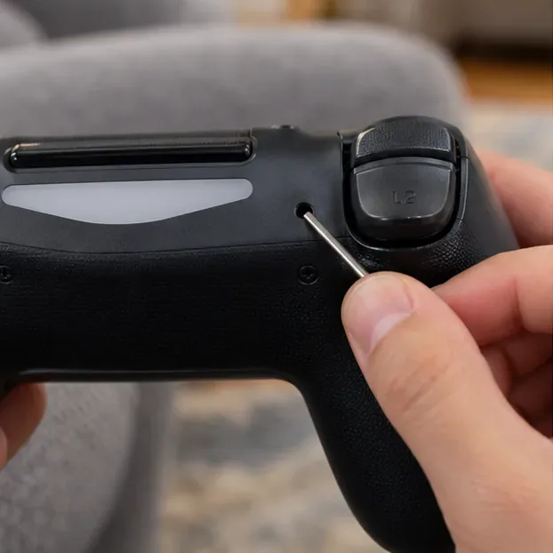 A small tool pressing the DUALSHOCK 4 reset hole beside the L2 shoulder button