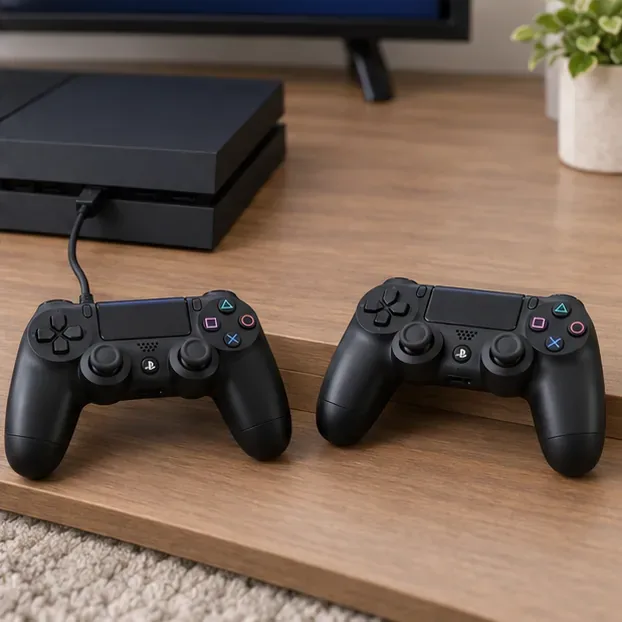 Two DUALSHOCK 4 controllers set beside a PS4 for local multiplayer