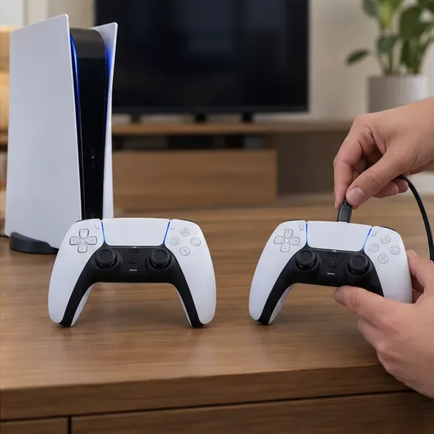 Two DualSense controllers beside a PS5, with a cable ready for the additional controller