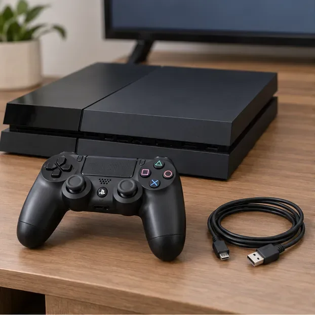 A PS4 console with a black DUALSHOCK 4 controller and micro-USB cable ready to pair