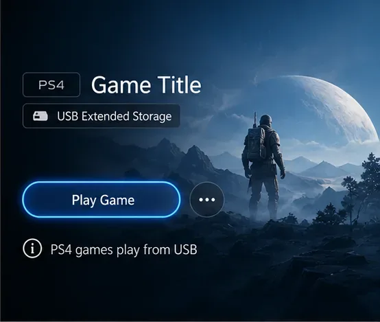 Jogo de PS4 listado no armazenamento USB expandido com um botão "Jogar".