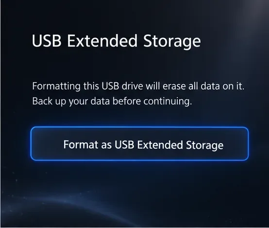 A tela de formatação do USB Extended Storage exibe um aviso informando que a formatação apaga os dados da unidade e que um backup deve ser feito antes dela.