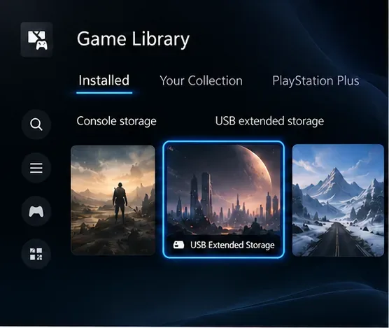 Aba "Instalados" da biblioteca de jogos do PS5 com um título selecionado rotulado como "Armazenamento estendido USB".