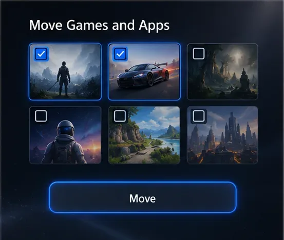 Tela Mover Jogos e Aplicativos com vários jogos selecionados e o botão Mover destacado