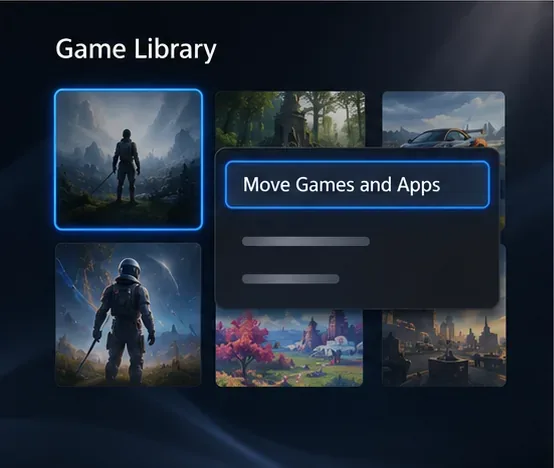 Biblioteca de jogos do PS5 com um jogo selecionado e a opção Mover jogos e aplicativos destacada.