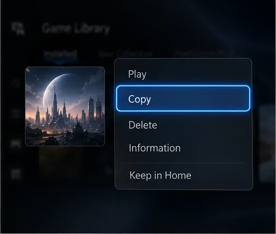 Menu de opções de jogo do PS5 com a opção Copiar selecionada para restaurar um jogo salvo.