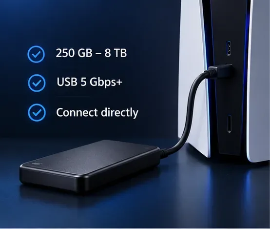 Um SSD externo conectado diretamente a um PS5, além de uma lista de verificação para capacidade de 250 GB a 8 TB e USB de 5 Gbps ou superior.
