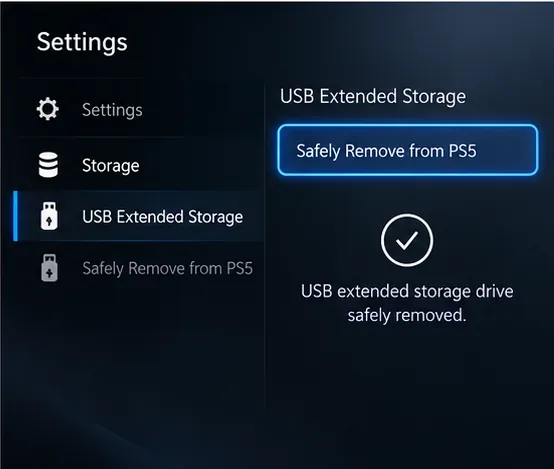 Menu de armazenamento das configurações do PS5 com a opção "Remover com segurança do PS5" selecionada e um ícone de confirmação.