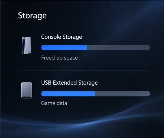 Visão ilustrativa do armazenamento do PS5, mostrando o armazenamento do console e o armazenamento externo USB após a transferência de um jogo.