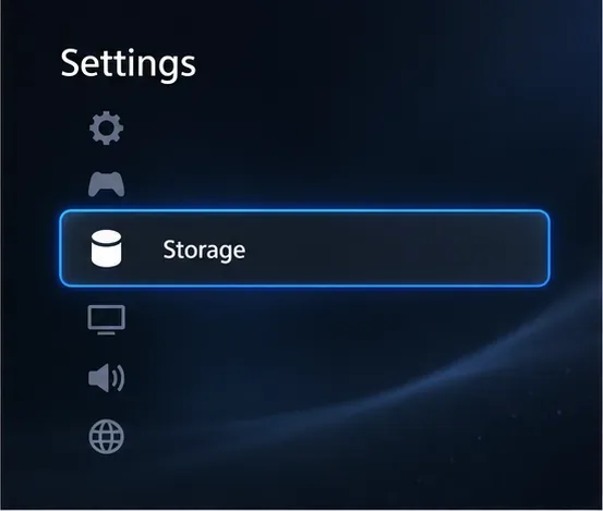 Tela de configurações do PS5 com o armazenamento destacado