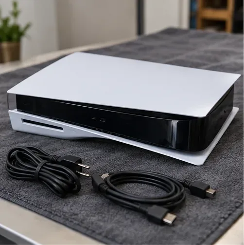 Um PS5 desligado repousa sobre um pano, com os cabos de alimentação e HDMI desconectados.