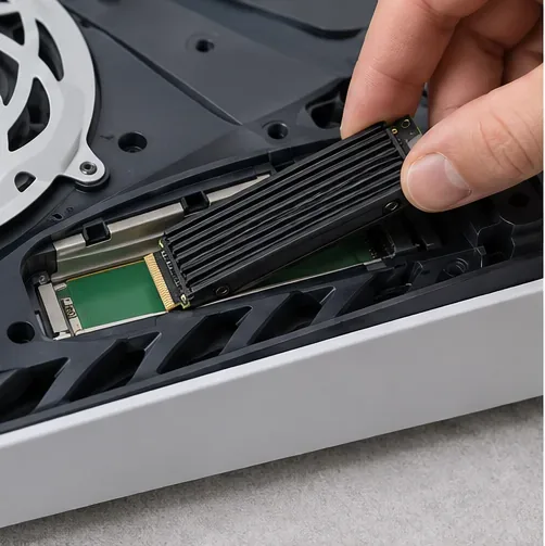 Um SSD M.2 com dissipador de calor está sendo levantado diagonalmente pela borda do conector de expansão do PS5.