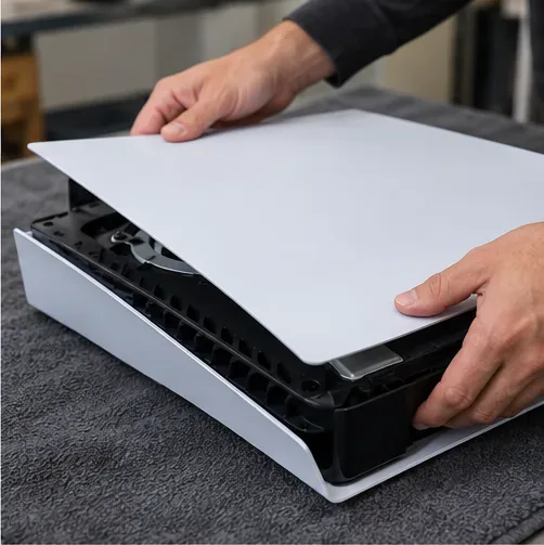 Um painel externo da PS5 está sendo levantado manualmente com um pano macio.