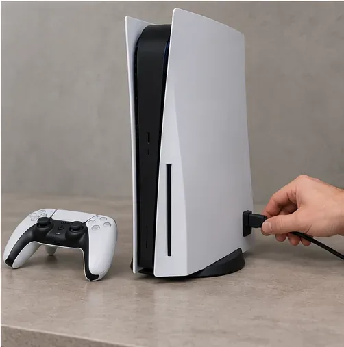 Um console PS5 e um controle remontados estão sobre uma bancada enquanto o cabo de alimentação é reconectado.