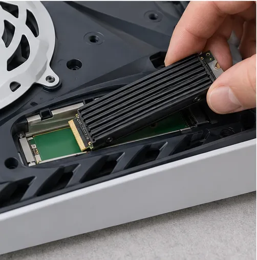 Um SSD M.2 com dissipador de calor é alinhado e inserido diagonalmente no conector de expansão do PS5.