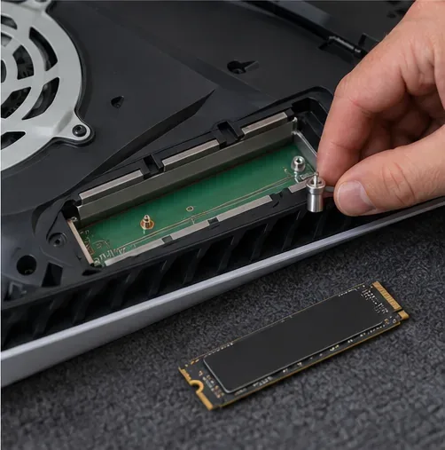 Uma mão levanta o pequeno espaçador da baia M.2 enquanto o SSD é colocado de lado.