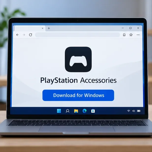 หน้าจอแล็ปท็อปที่ใช้ระบบปฏิบัติการ Windows แสดงหน้าเว็บ PlayStation Accessories และตัวเลือก Download for Windows