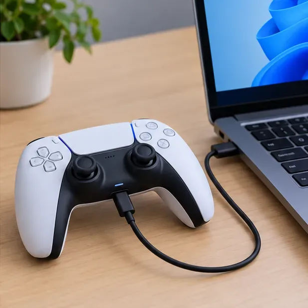 จอยสติ๊กไร้สาย DualSense เชื่อมต่อกับแล็ปท็อประบบ Windows ด้วยสาย USB-C