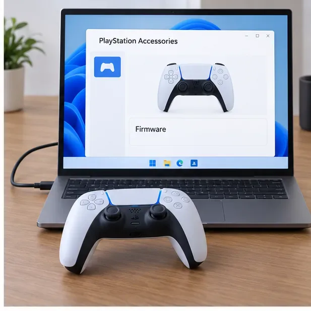 แล็ปท็อปที่มีแผงเฟิร์มแวร์อุปกรณ์เสริม PlayStation เปิดอยู่ข้างๆ คอนโทรลเลอร์ DualSense ที่เชื่อมต่ออยู่