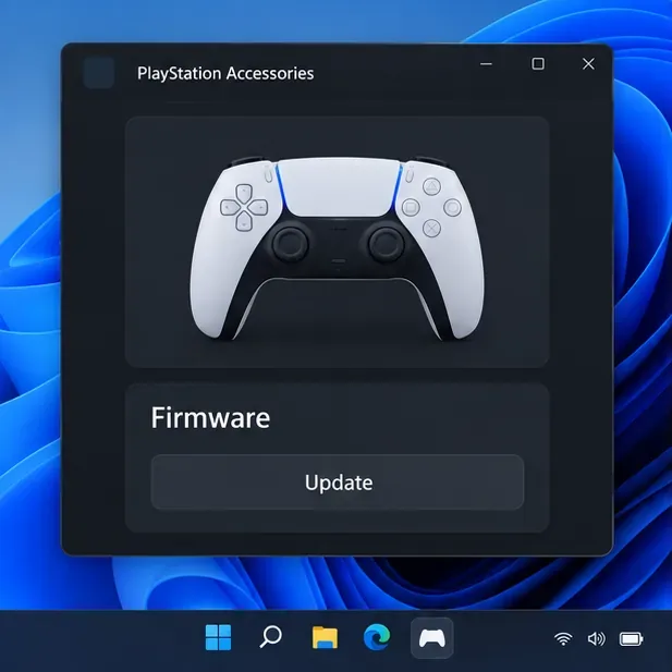 แอป PlayStation Accessories แสดงภาพคอนโทรลเลอร์ DualSense ที่เชื่อมต่ออยู่และส่วนเฟิร์มแวร์ของคอนโทรลเลอร์นั้น