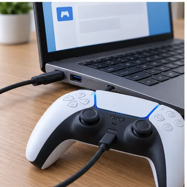 สาย USB-C ที่เชื่อมต่อคอนโทรลเลอร์ DualSense เข้ากับพอร์ต USB ของแล็ปท็อป โดยมีพอร์ตอีกพอร์ตหนึ่งปรากฏให้เห็น