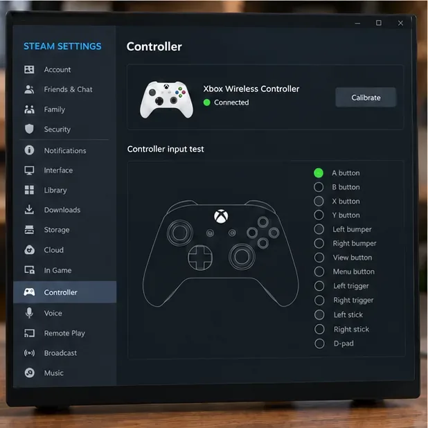 ภาพหน้าจอการตั้งค่า Steam Controller แสดง Xbox Wireless Controller และพื้นที่ทดสอบการป้อนข้อมูลปุ่มกด
