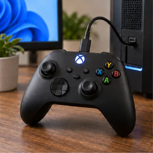 จอยเกม Xbox สีดำ เสียบสาย USB เข้ากับพอร์ตด้านบน วางอยู่ข้างคอมพิวเตอร์ตั้งโต๊ะ