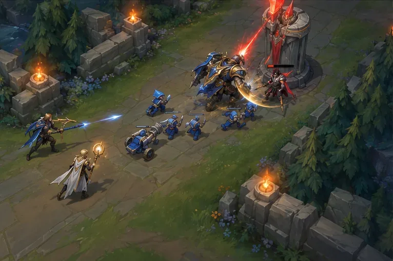 A frontliner draws a turret beam while teammates follow behind the allied minion wave to pressure the defender.